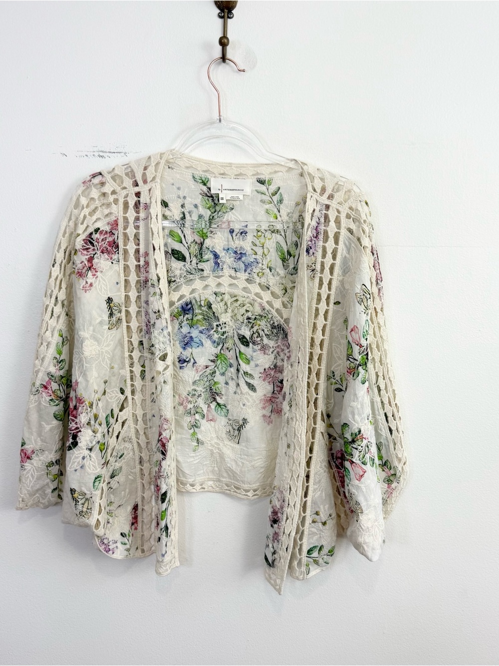 Anthropologie Floral Lace Trim Open Front Kimono Cardigan One Size - Picture 2 of 6